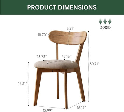 100% Solid Wood Upholstered Dining Chairs, Mid Century Modern Oak Dining Chairs with Curved Back Design with Butterfly Wing Shape for Kitchen, Dining Room, Restaurant (1PK, Log Color-Gray Cushion)
