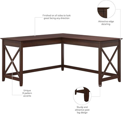 Bush Furniture Key West 60W Modern Farmhouse L Shaped Desk in Bing Cherry, 60-Inch Corner Computer Table for Home Office Workspace