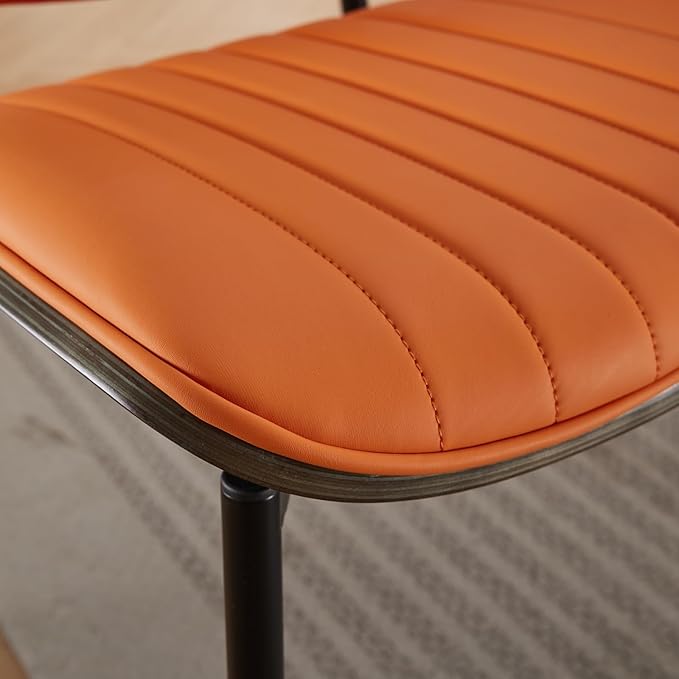 Dining Chairs Set of 6, Mid Century Modern Accent Dining Room and Kitchen Chairs, Upholstered PU Leather Vertical Stripe Chairs for Vanity with Walnut Bentwood and Metal Legs, Orange