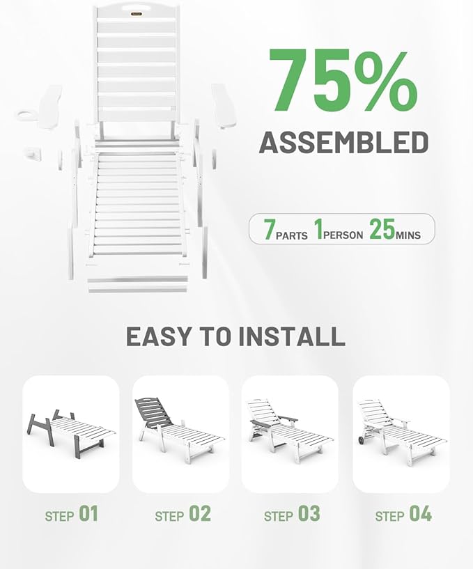 Lounge Chair Outdoor, Chaise Lounge Outdoor, HDPE 6-Position Lounge Chair for Outside, Patio Lounge Chair with Wheels & Cup Holder for Pool Poolside Deck Backyard, White