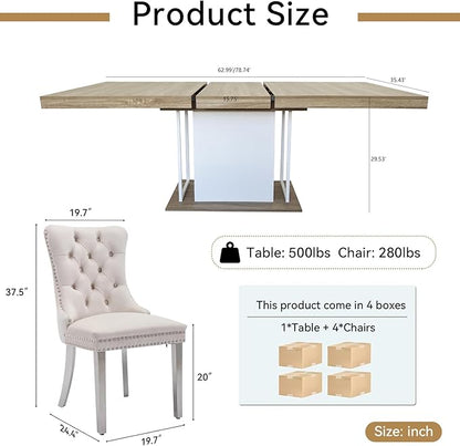 Goujxcy 78.7" Farmhouse Extendable Dining Room Table Set for 4, 5-Piece Rectangle Kitchen Dining Room Table Set with Wood Base and 4 Beige Velvet Dining Chairs, Extending Kitchen & Dining Table Set