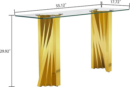 Goujxcy Modern Glass Console Table 55" Gold Entryway Table with Tempered Glass Top and Mirror Finish Stainless Steel Legs, Luxury Rectangular Sofa Table for Living Room Hallway Corridor Table (Gold)