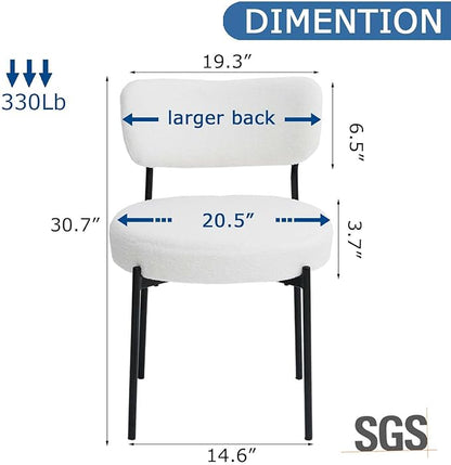 White Boucle Dining Chairs Set of 2, Upholstered Dinner Chair with Metal Frame, Dining Room Chairs with Padded Seat, Round Modern Seating for Living Room