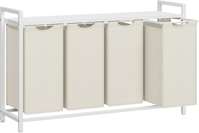 VASAGLE Laundry Hamper, Laundry Basket, Laundry Sorter with 4 Pull-Out and Removable Bags, Shelf, Metal Frame, 4 x 10.6 Gallons (40 L), 45.7 x 13 x 28.4 Inches, Cream White and Cloud White UBLH401W01