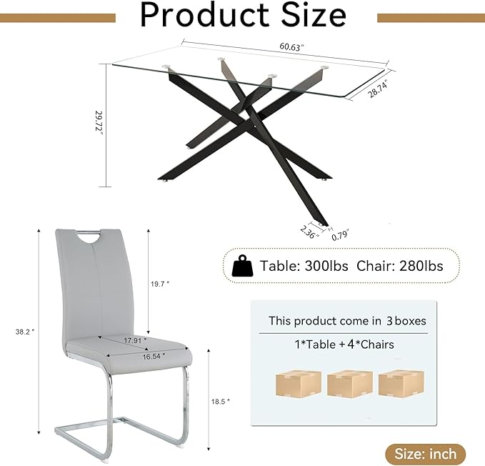 Modern Glass Dining Table Set for 4, Black Glass Kitchen Table and Chairs Set of 4, 5 Piece Dining Room Table Set with 61" Rectangular Metal Glass Dinner Table and 4 Grey Leather Dining Chairs