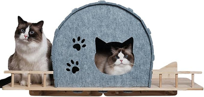 Wall Mounted Felt Cat Bed – Modern Cats Shelf with Wooden Base & 4 Holders, Space-Saving Cat Perch for Indoor Cats, Minimalist Wall Cat Furniture for Resting & Lounging,Gray
