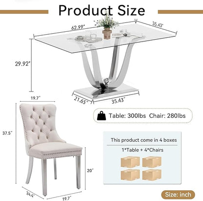70" Modern Silver Glass Dining Table Set for 4, 5-Piece Rectangle Kitchen Dining Room Table Set with Steel Base & 4 Beige Velvet Upholstered Chairs, Modern Glass Kitchen Table and Chairs Set of 4