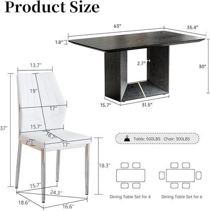 63" Modern Black Dining Table Set for 4 with Chairs, 5 Piece Rectangular Dining Room Table and 4 PU Leather Chairs, Kitchen Dining Set with Matte Wood Finish, Geometric Base, Easy Assembly