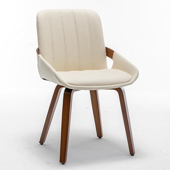 Mid Century Modern Faux Leather Upholstered Dining Chairs,Armless Accent Chairs with Sturdy Natural Wood Legs,Bamboo Backrest Support for Kitchen&Dining Room Chairs(1PCS,Beige)
