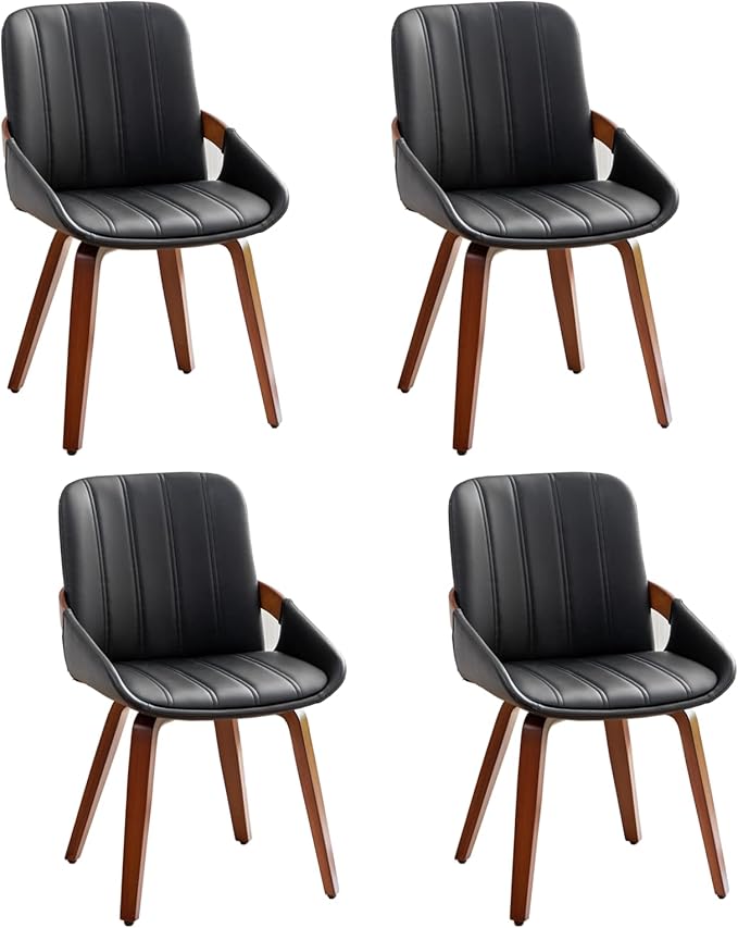 Mid Century Modern Faux Leather Upholstered Dining Chairs,Armless Accent Chairs with Sturdy Natural Wood Legs,Bamboo Backrest Support for Kitchen&Dining Room Chairs(Set of 4,Black PU)