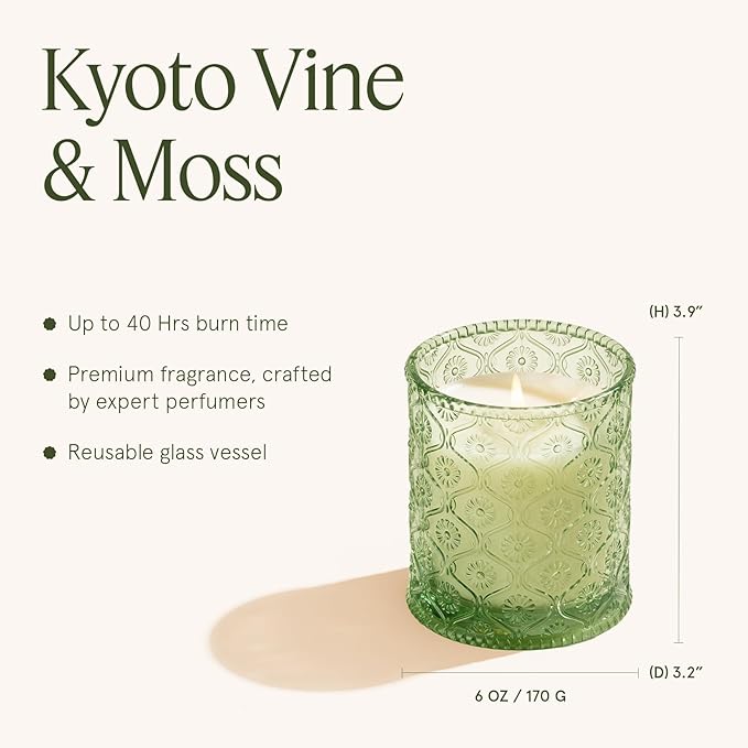 LA JOLIE MUSE Kyoto Vine & Moss Candle - Green Leaves, Tree Moss, Vetiver | 6 oz Natural Soy Wax | 40 Hours Clean Burn | Fresh Scented Candle | Gift-Ready for Hosts & Gatherings