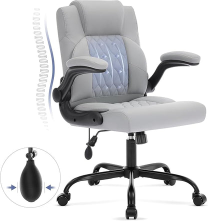 Office Chair with Adjustable Lumbar Support,Leather Ergonomic Computer Desk Chair with Flip-up Arms,Adjustable Tilt Lock,Swivel Rolling Executive PC Chair for Work, Study,Meeting,Small Space.Grey
