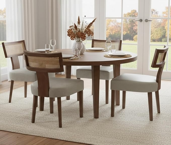 Modern Dining Chairs, Set of 4 - Rattan Back, Pu Leather Upholstered, Kitchen Chairs with Solid Wood Frame, Grey