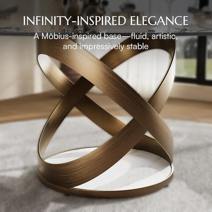 POVISON 51" Modern Round Dining Table for 4-6, Glossy White Round Dining Room Table, Sintered Stone Dining Tabletop with Bronze X Carbon Steel Base (Dining Table Only)