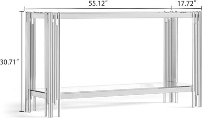 Goujxcy Modern Glass Console Table 55" Silver Entryway Table with Tempered Glass Top and Mirror Stainless Steel Legs,Luxury Rectangular Sofa Table for Living Room Hallway Corridor Table (Silver)