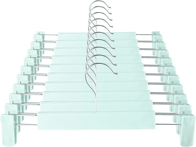 Clothes Pants Hangers, Space-Saving Skirt Holders with 360 ° Swivel Hooks, Adjustable Clips, Trouser Hangers, Clothes Coat Garment Jeans Hangers (10 Pack, Green)