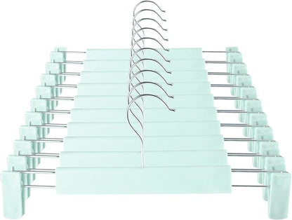Clothes Pants Hangers, Space-Saving Skirt Holders with 360 ° Swivel Hooks, Adjustable Clips, Trouser Hangers, Clothes Coat Garment Jeans Hangers (10 Pack, Green)
