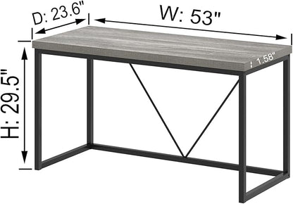 FOLUBAN Modern Home Office Desk, Industrial Vintage Computer Desk, Rustic Wood and Metal Study Writing Table, Simple Work Gaming PC Desks for Bedroom Living Room, Light Grey 53 Inch