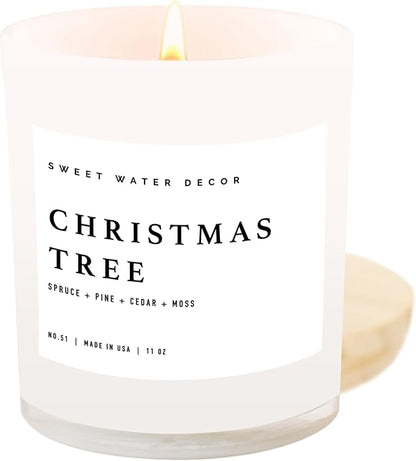 Sweet Water Decor Christmas Tree Soy Candle - Pine Needles, Cedarwood, Cypress, and Evergreen Holiday Scented Candles for Home - 11oz White Jar + Wood Lid, 50+ Hour Burn Time, Made in The USA