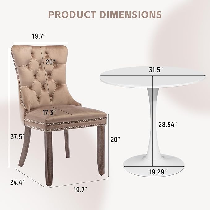 SoarFlash Kitchen Table and Chairs for 2, 31.5" Dining Table Set for 2 with Velvet Upholstered Chairs, 3 Piece Round Kitchen Table Set, Dining Room Table Set for Small Space, Apartment, Khaki/White