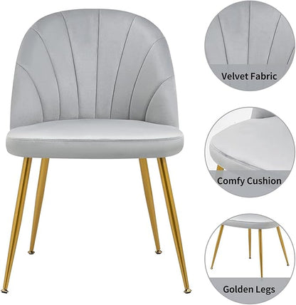 Velvet Dining Chairs Set of 2, Upholstered Mid Century Modern Dining Chairs, Armless Accent Chair with Metal Gold Legs for Living Room, Kitchen, Dining Room, Grey
