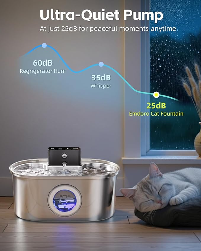 Cat Water Fountain Cordless, Stainless Steel Pet Water Fountain Wireless – 3.2L/108oz Battery Operated Automatic Water Dispenser for Cats Indoor, with Motion Sensor & Quiet Pump (4 Filter & Sponge)
