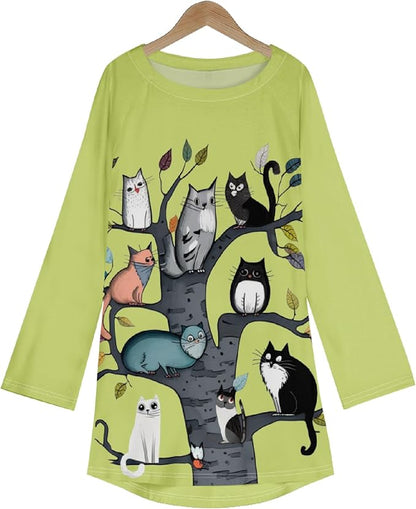 Womens Tunic Shirt Cute Cat Print Long Sleeve Round Neck Women T Shirts Cotton Casual Plus Size Vacation Tunics Tops