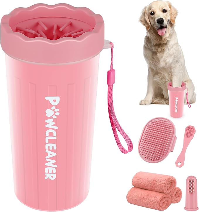 Professional 7 in 1 Dog Paw Cleaner for Dogs - Includes 1 Portable Paw Washer, 1 Bath Brush, 2 Dog Toothbrushes and 3 Absorbent Towels Note: Fits Paws 2.5 to 3.5 Inches Wide (Large, Light Pink)