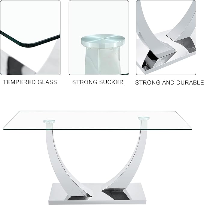 AZmac 63” Glass Dining Room Table Set for 6, Modern Kitchen Table and Chairs Set of 6, Dining Sets with Rectangular Tempered Glass and Sturdy Silver Chrome Base, for Kitchen Home