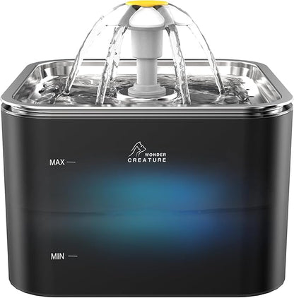 Crystal Cat Water Fountain Stainless Steel Lid, 101oz/3L Pet Fountain with LED Light for Cats and Dogs (Black)