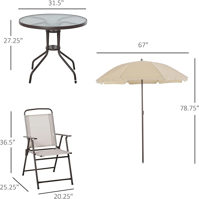 Outsunny 6 Piece Patio Dining Set for 4 with Umbrella, Outdoor Table and Chairs with 4 Folding Dining Chairs & Round Glass Table for Garden, Backyard and Poolside, Beige