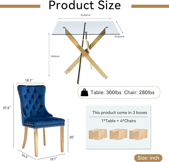 Goujxcy Glass Dining Table Set for 4, Modern Kitchen Table and Chairs Set of 4, 5-Piece Kitchen Dining Room Table Set w/36 Square Gold Glass Dining Table and 4 Blue Velvet Upholstered Chairs