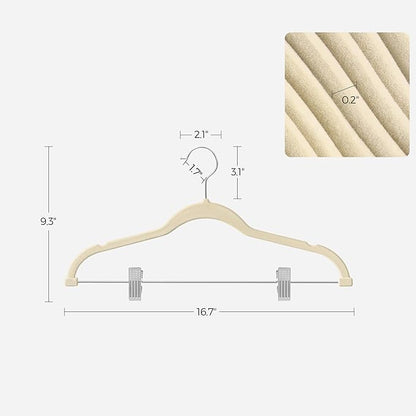 SONGMICS 30-Pack Pants Hangers, 16.7-Inch Long Velvet Hangers with Adjustable Clips, Heavy-Duty, Non-Slip Skirt Hangers, Space-Saving for Pants, Skirts, Coats, Dresses, Sandy Beige UCRF012M30