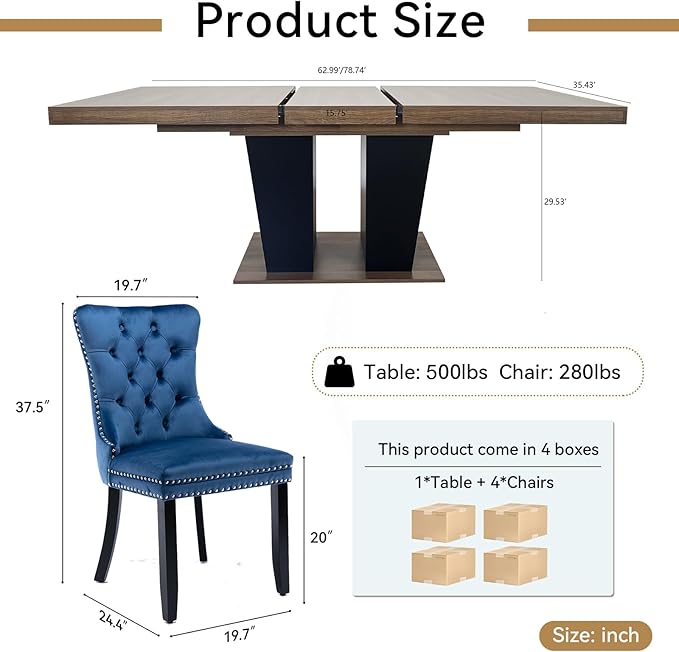 Goujxcy 5-Piece Extendable Dining Table Set for 4-8 People 63-78 Inch Kitchen Table Set with 4 Velvet Upholstered Chairs Farmhouse Rectangular Dining Room Table Set for Kitchen Dining Room Apartment