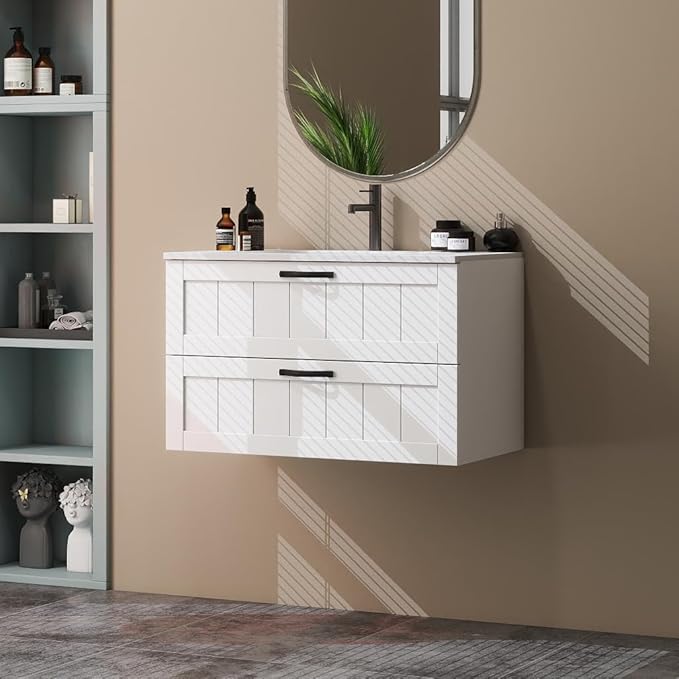 Goujxcy 31.5" Wall Mounted Bathroom Vanity with Sink, Modern Floating Bathroom Cabinet with Ceramic Sink & Double Drawers, Wood Hanging Bath Room Cabinet with Soft-Close System (White)
