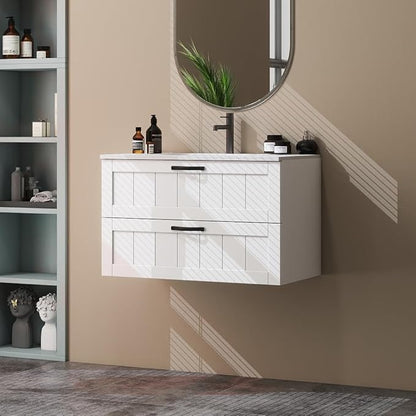 Goujxcy 31.5" Wall Mounted Bathroom Vanity with Sink, Modern Floating Bathroom Cabinet with Ceramic Sink & Double Drawers, Wood Hanging Bath Room Cabinet with Soft-Close System (White)