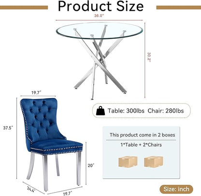 Goujxcy 3 Piece Round Glass Dining Table Set for 2, 36" Round Dining Table & Chair Set Modern Circle Glass Kitchen Table and 2 Velvet Upholstered Chairs for Kitchen Dining (Silver Table & Blue Chair)