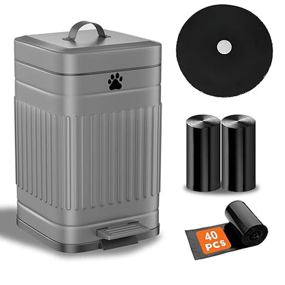 Dog Poop Trash Can Outside, 5L/1.3Gal Metal Dog Waste Trash Can with Lid, Foot Pedal, Pet Waste Container with 40 Bags, Poop Bucket with Lid Soft Close for Pet, Grey