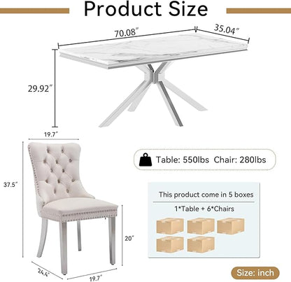 Goujxcy Luxury Dining Table Set for 6 Modern 7 Piece Faux Marble Dining Table Set with 6 Tufted Upholstered Chairs, 70" Faux Marble Kitchen Table & 6 Chairs with Mirrored Stainless Steel Base