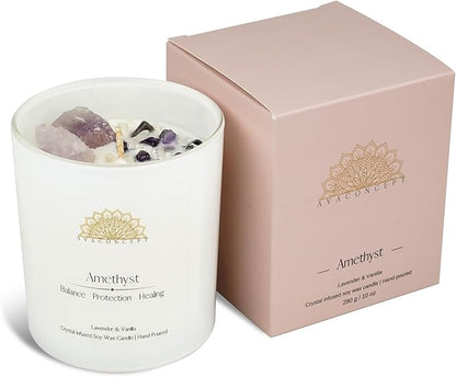 Healing Crystal Candle, Scented Candle Infused Amethyst and Clear Quartz Crystals, Lavender & Vanilla Scented,Positivity Energy Wellness, Gift for Women Aromatherapy Clean Vegan 10Oz Jar