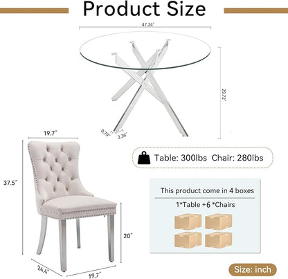 Goujxcy Round Dining Table Set for 6, Modern Glass Kitchen Table and Chairs Set of 6, 7-Piece Dining Room Table Set w/47 Circle Silver Glass Dining Table and 6 Upholstered Velvet Chairs