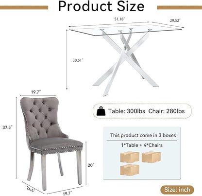 Goujxcy 5 Piece Glass Dining Table Set Modern Glass Dining Table Set for 4, 51" Rectangular Kitchen Table and 4 Velvet Upholstered Chairs for Kitchen Dining Room, Silver Table & Grey Chair