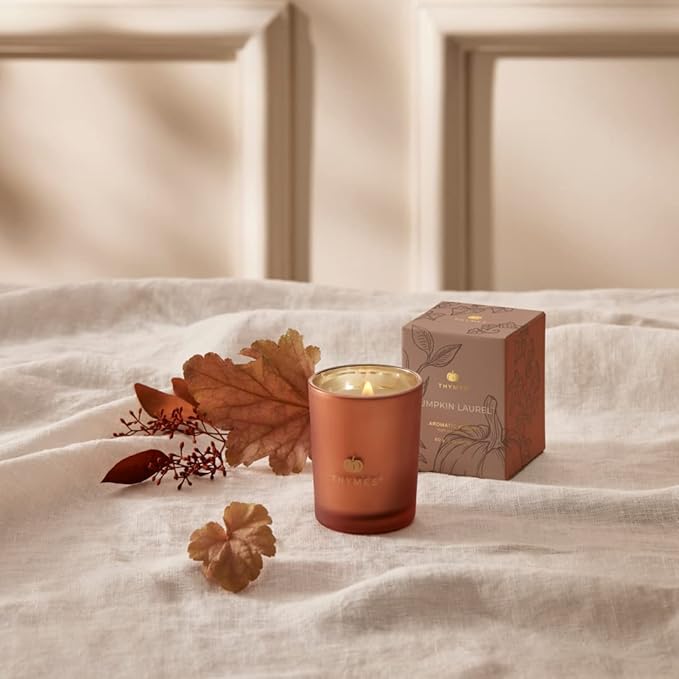 Thymes Scented Candles for Home Decor - Luxury Home Fragrance Gifts for Women & Men - Fall Candles with Creamy Pumpkin, Nutmeg, & Cinnamon - Burnt Orange Votive (Pumpkin Laurel, 2 oz)