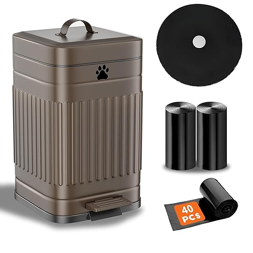 Dog Poop Trash Can Outside, 5L/1.3Gal Metal Dog Waste Trash Can with Lid, Foot Pedal, Pet Waste Container with 40 Bags, Poop Bucket with Lid Soft Close for Pet, Brown