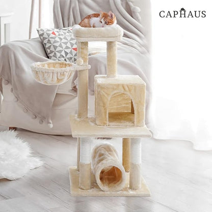 CAPHAUS Large Cat Tree with Scratching Posts, Cave Condo, 40-Inch Multi-Level Indoor Activity Structure with Basket for Cats, Modern Sisal Wrapped Design