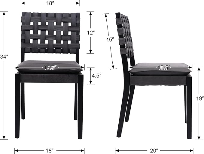 Woven Faux Leather Dining Chairs Set of 4, Farmhouse Upholstered Kitchen Chairs with Wooden Legs Armless Accent Side Chairs for Dining Room/Restaurant, Black