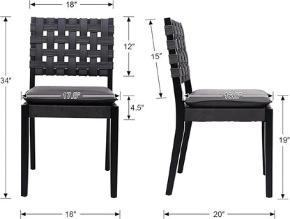 Woven Faux Leather Dining Chairs Set of 4, Farmhouse Upholstered Kitchen Chairs with Wooden Legs Armless Accent Side Chairs for Dining Room/Restaurant, Black