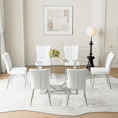 Glass Dining Table Set for 6,Dining Room Table Set for 6,Kitchen Table Set with 6 PU Leather Chairs,63'' Glass Dining Table Set with Silver U-Shaped Table Legs and Rectangular Base