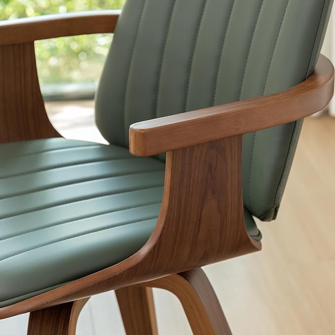MCM Dining Chairs, Set of 2 Mid Century Modern Chairs with Walnut Craftsmanship, Upholstered Faux Leather, Wooden Arms and Legs, Faux Leather Dining Chairs for Kitchen/Living Room - Green