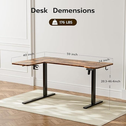59 Inch L Shaped Standing Desk Adjustable Height, Electric Corner Standing Desk, Sit Stand Computer Table with Reversible Splice Board, Rustic Brown
